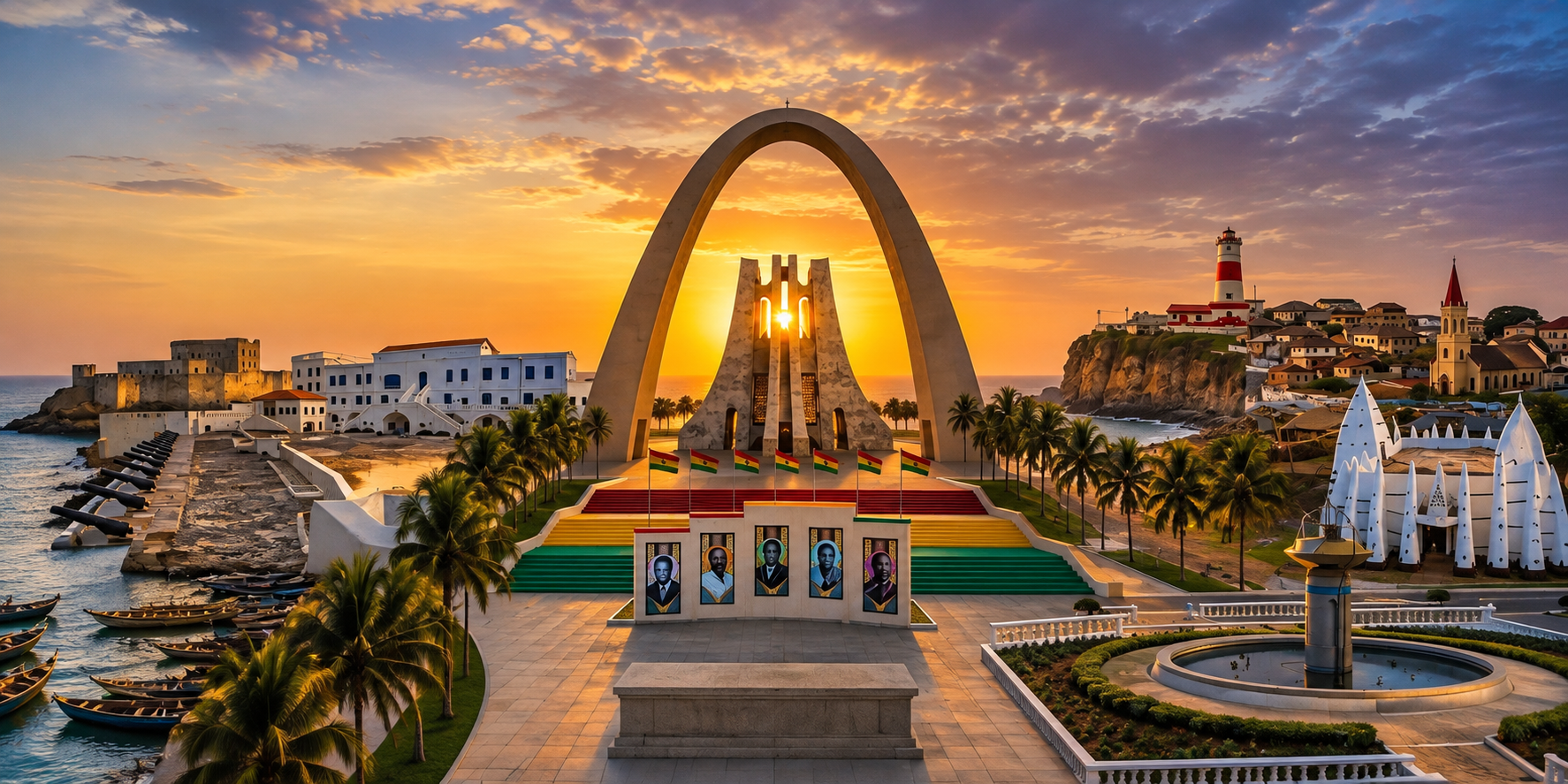 Independence Arch and Black Star Square at sunset in Accra, Ghana