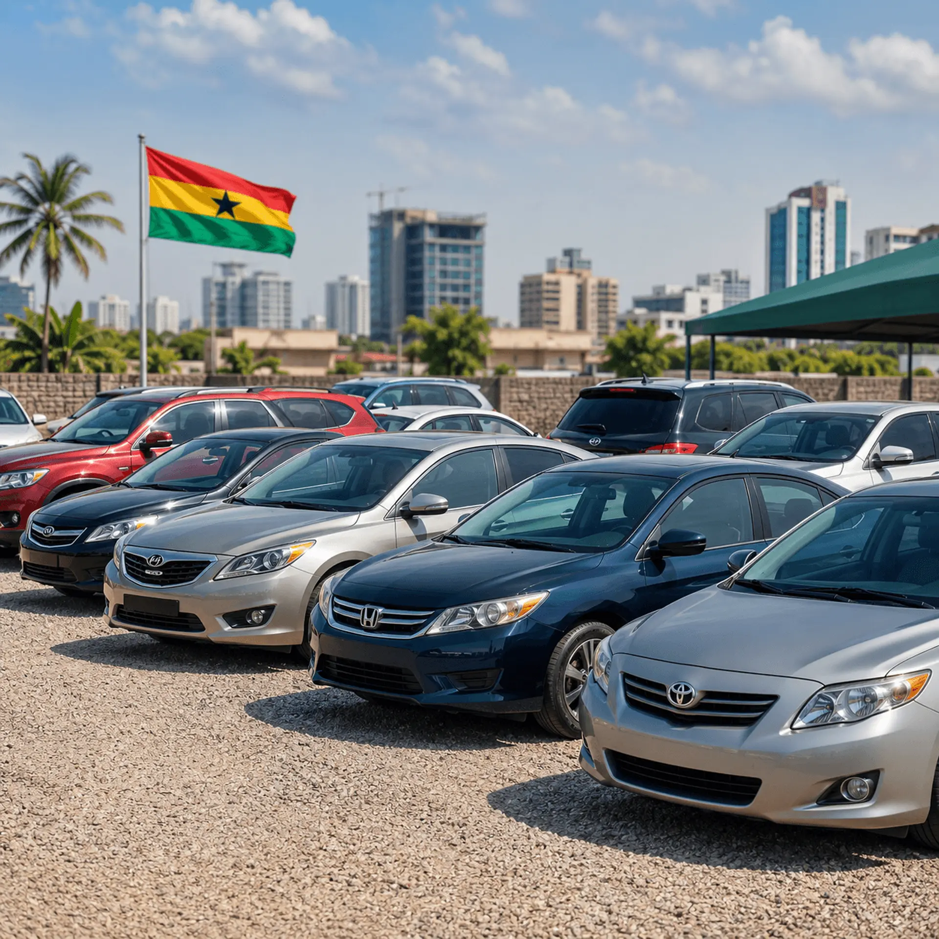 Row of cars at a dealership lot in Accra